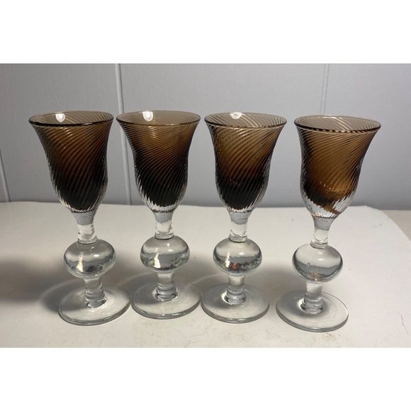 VTG NEIMAN MARCUS Hand Crafted Set Of 4 Amber Brown Swirl Stemmed Liquor glasses - Picture 2 of 6